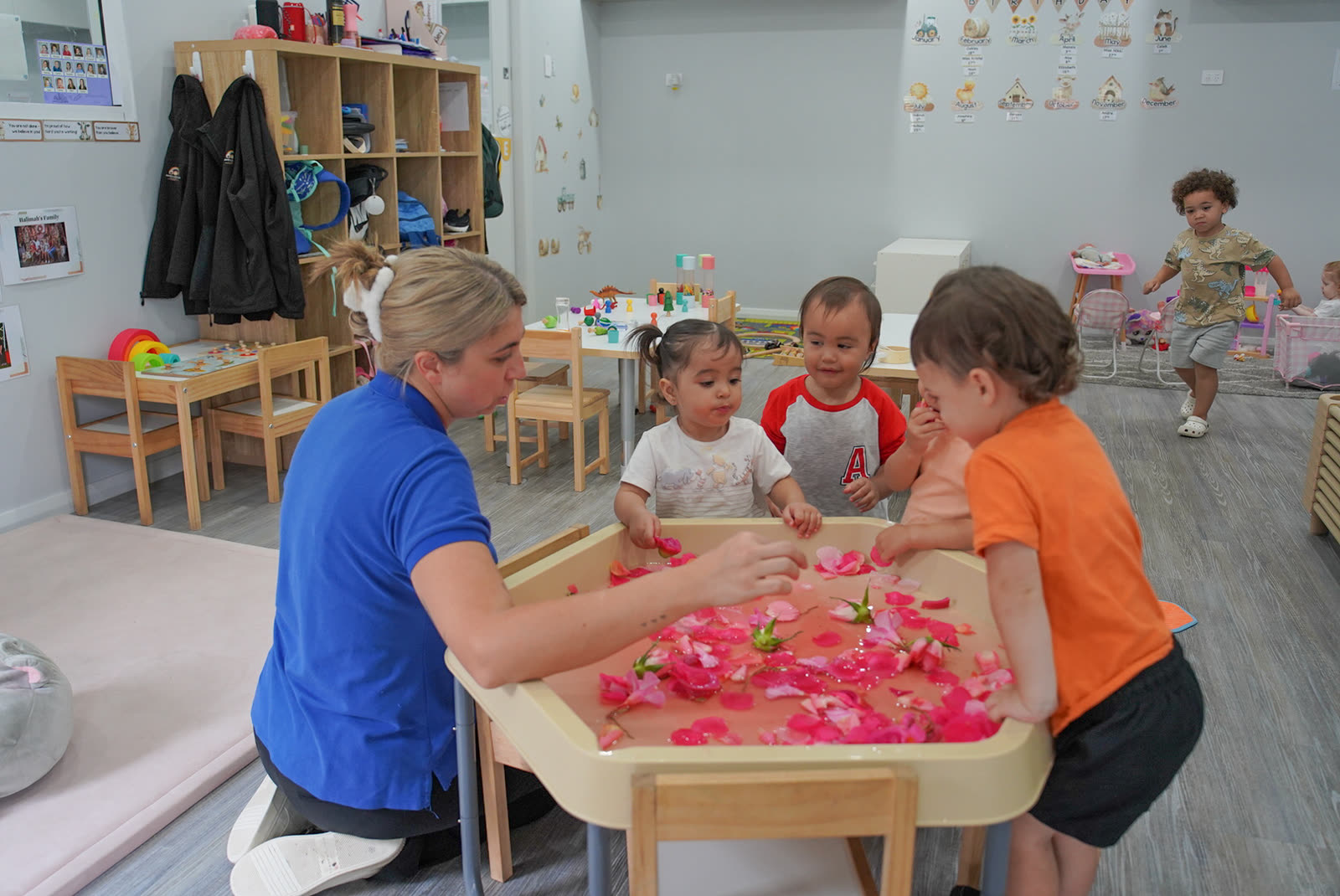 An educator kneeling beside a water tray scattered with rose petals while three toddlers reach in.